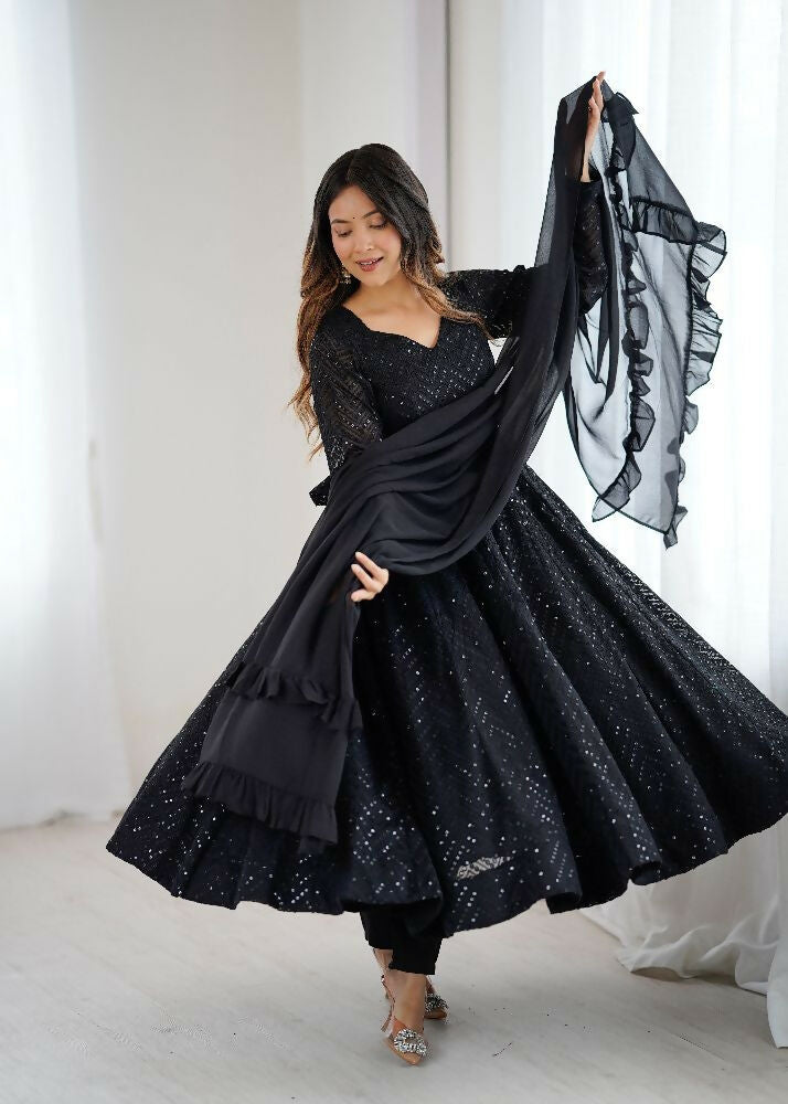 The52 Women's Gorgeous Embroidery Fox Georgette Fabric Flared Anarkali Pant and Dupatta Set | Grocsy