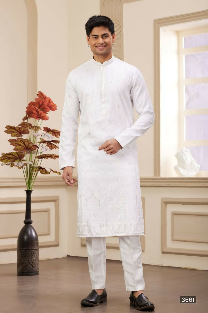 Raivat Ethnic Art Silk Thread Work Kurta Pajama In Off White Colour | Grocsy