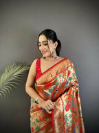 Joban Fashion Reddish Pink Mughal-Inspired Motifs Soft Silk Paithani Saree | Grocsy