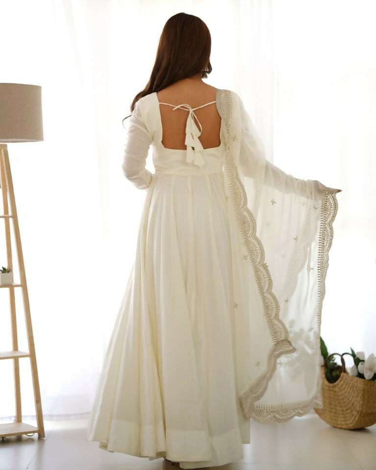 Teeya Creation White Color Pure Roman Silk Chanderi Party Wear Fully Stitched Gown | Grocsy