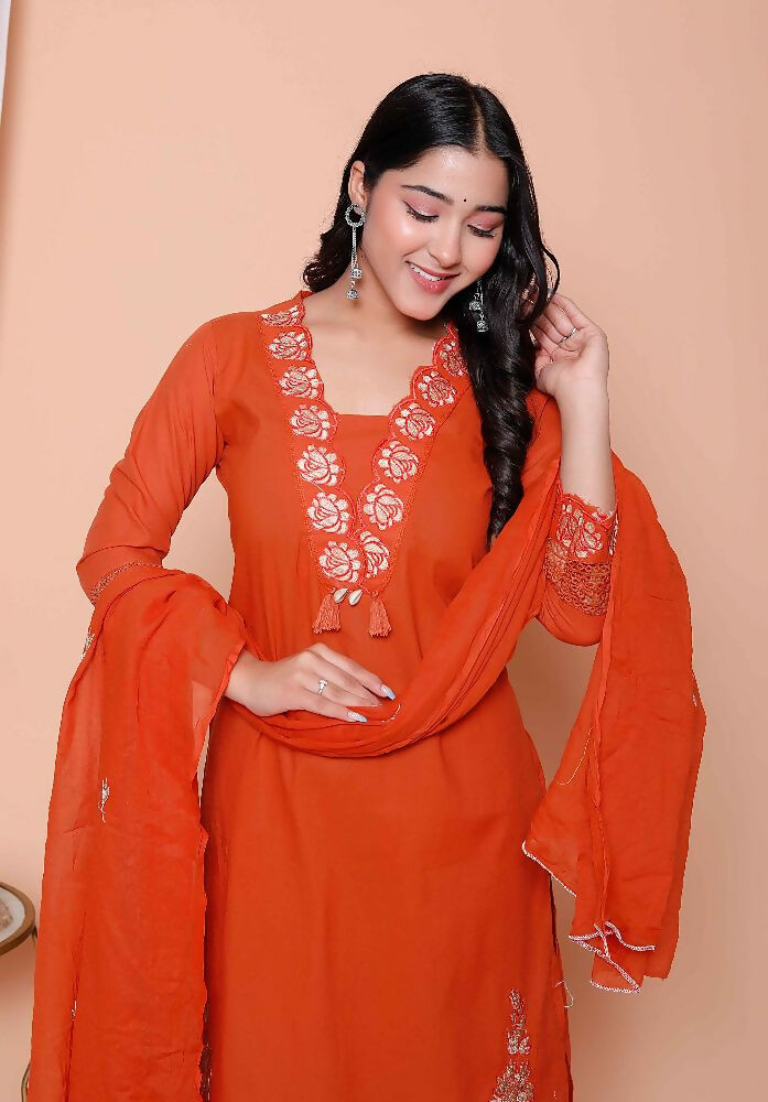Miravan Womens Embroidered Cotton Kurta With Palazzo & Dupatta Set | Grocsy