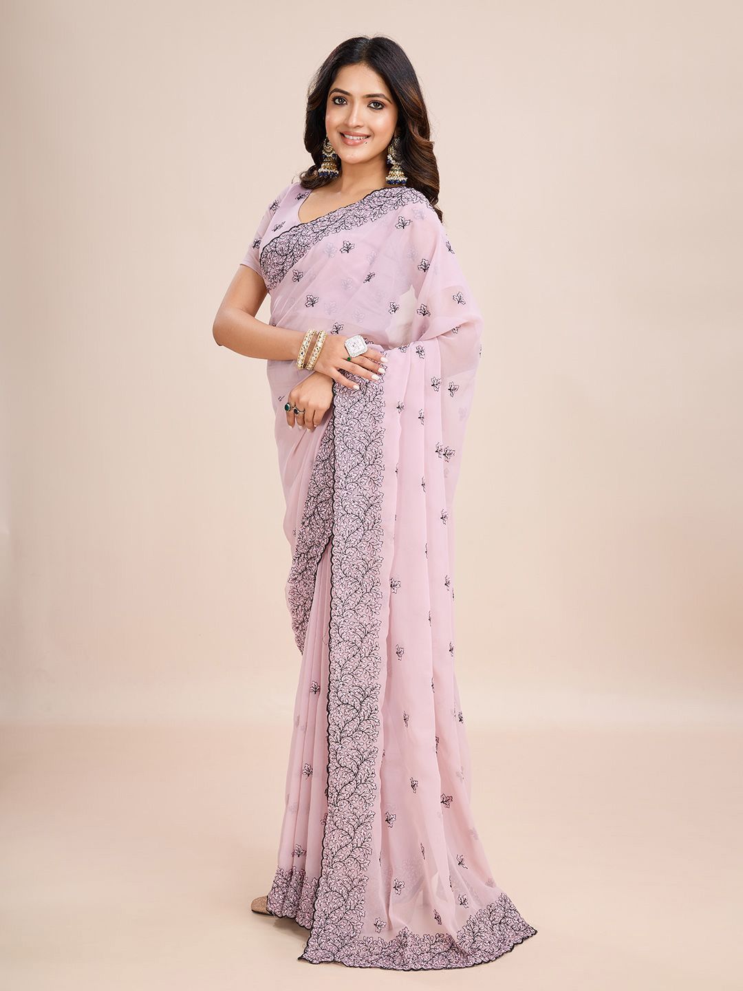 kasee Floral Embroidered Pure Chiffon Ready to Wear Saree | Grocsy