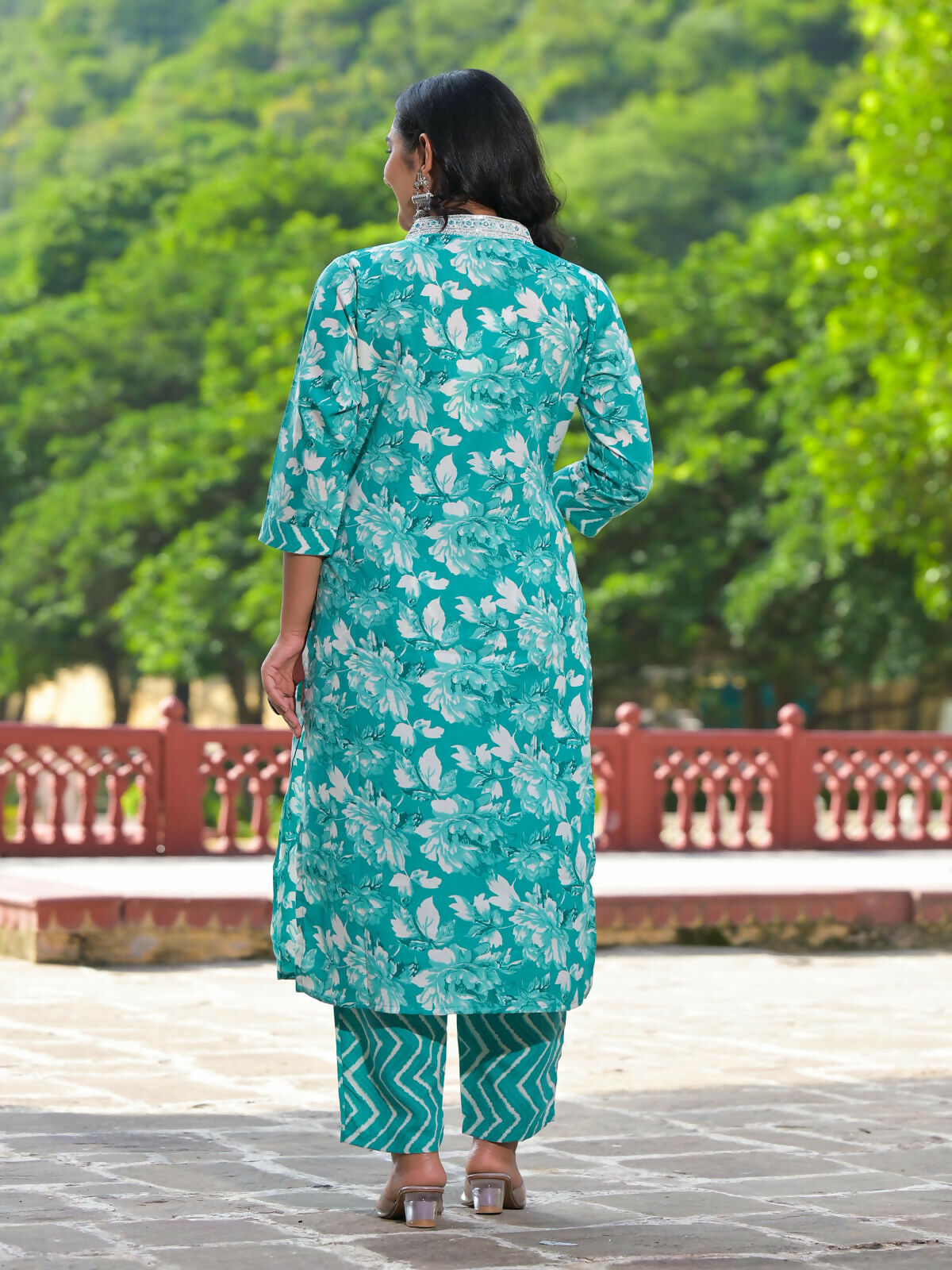 Juniper Women's Rama Green Floral Printed Cotton Kurta Pant With Dupatta Set With Mirror Work & Zari Work | Grocsy