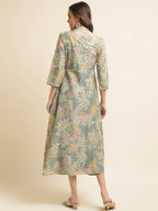 Green Cotton Solid Flared Dress with Printed Shrug - Yukti | Grocsy