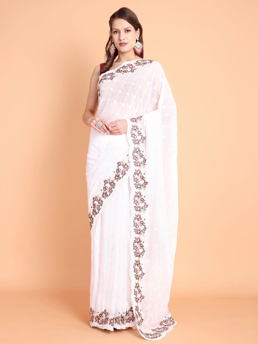 Vamsee Ammelia White Georgette Saree | Grocsy