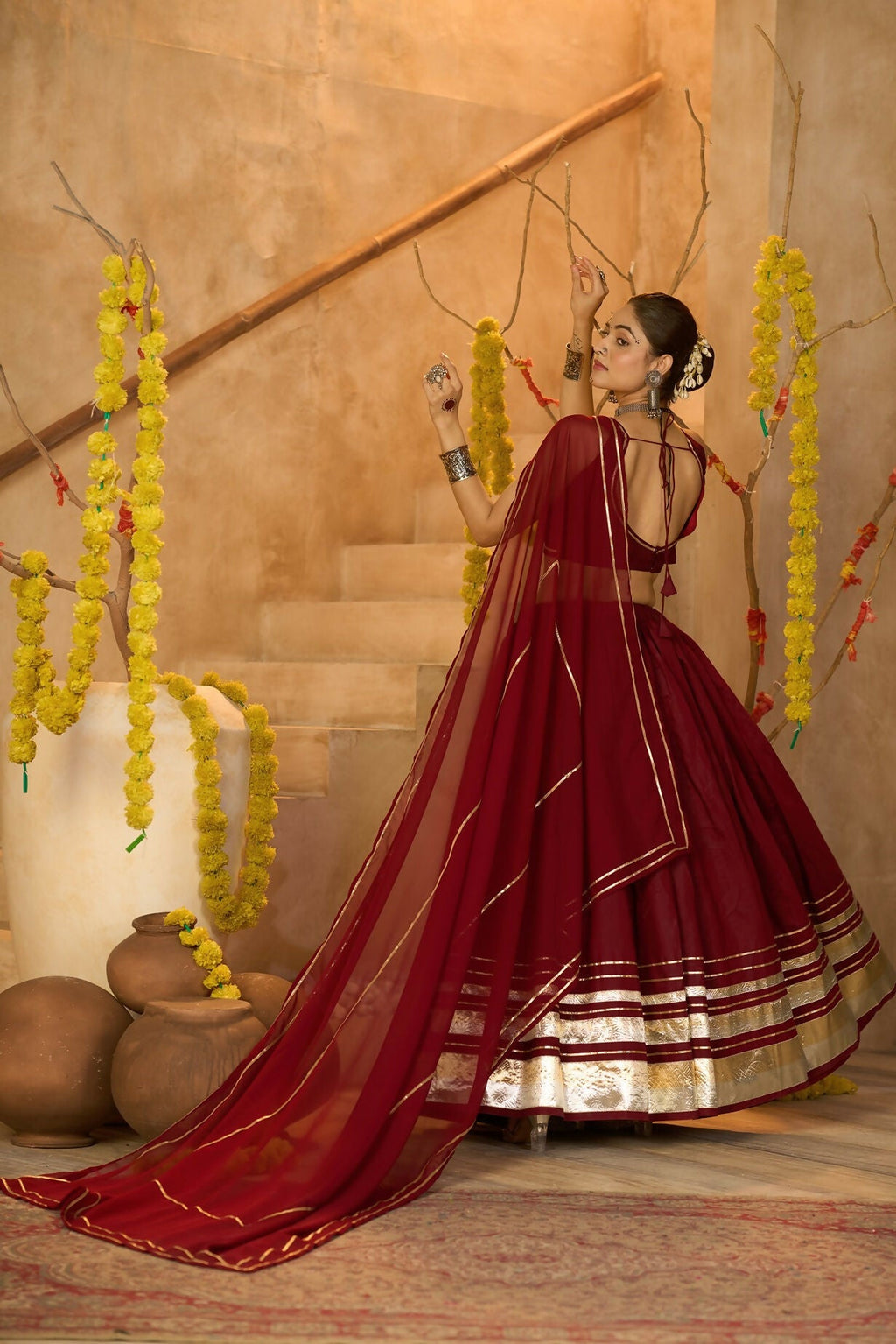 AI Fashion Maroon Silk Crepe Designer Navratri Wear Lehenga Choli Collection | Grocsy