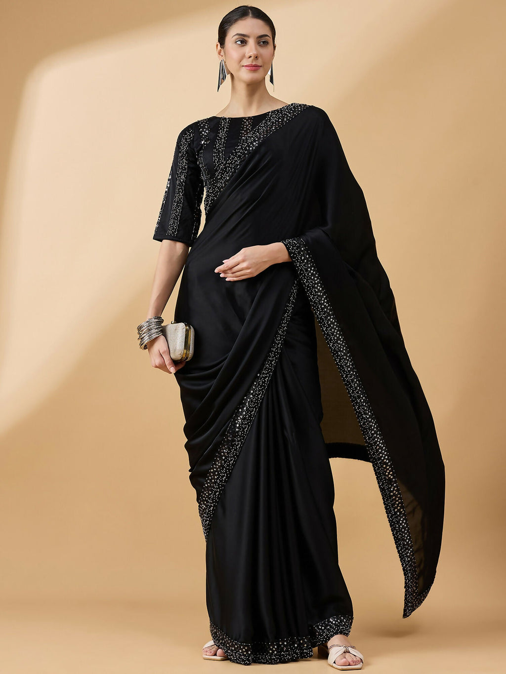 Black Satin Solid Sequence Work Saree with Stitched Blouse - Dharavi | Grocsy