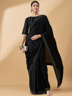 Black Satin Solid Sequence Work Saree with Stitched Blouse - Dharavi | Grocsy