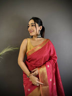 Joban Fashion Hot Pink Bhagalpuri Cotton Silk Stripes/Box Saree | Grocsy