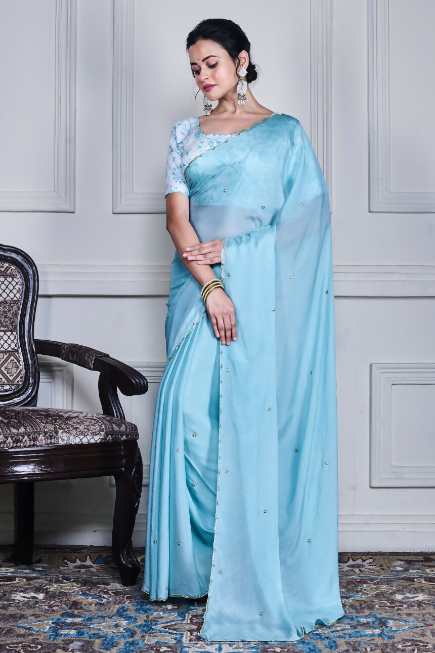 Morchari Blue Chiffon Hand Embroidery Saree And Stitched Blouse | Grocsy