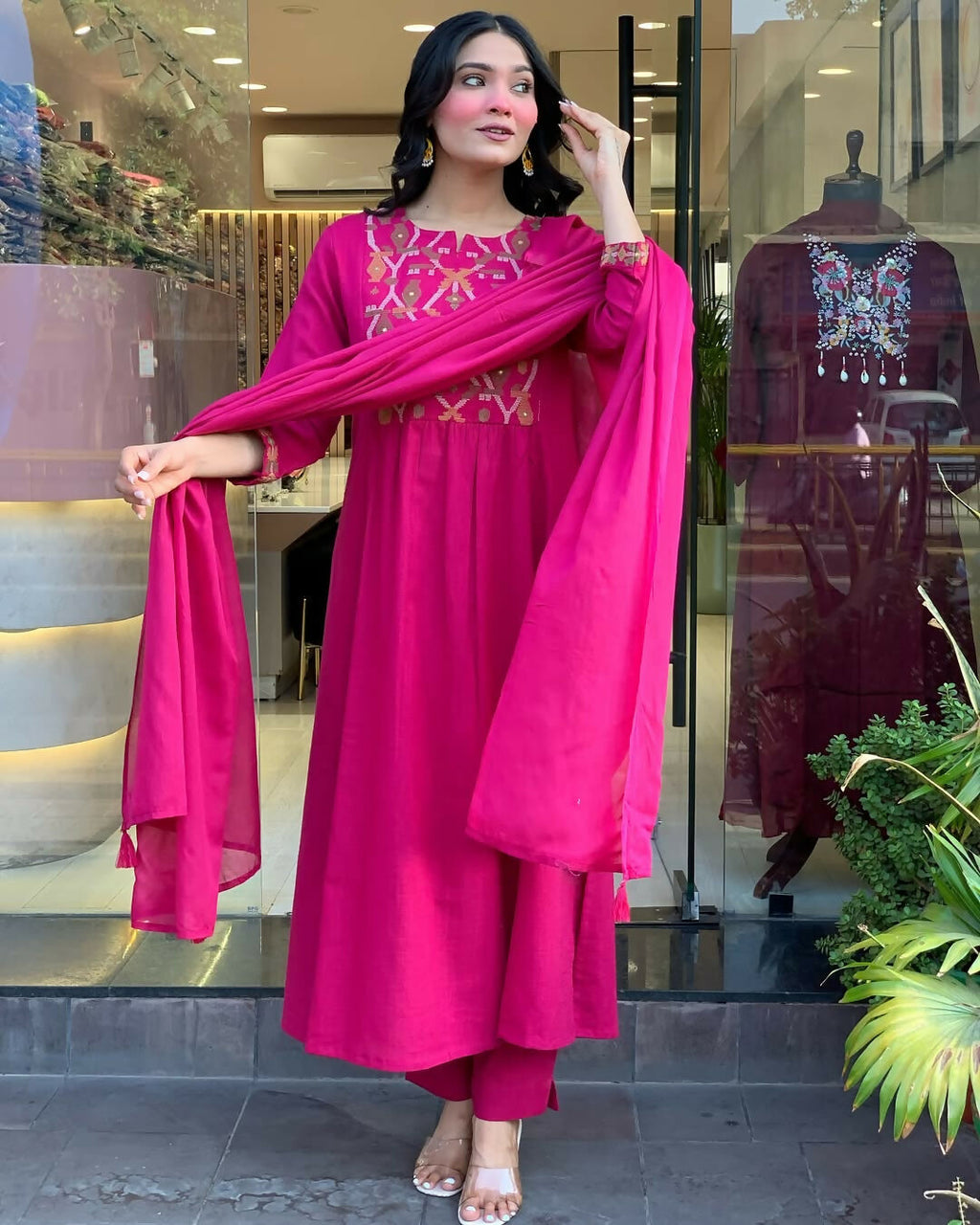 The52 Pink Women's Gorgeous Chanderi Fabric Embroidered Work Straight Kurta Pant and Dupatta Set | Grocsy