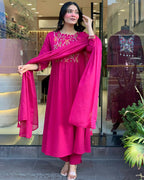 The52 Pink Women's Gorgeous Chanderi Fabric Embroidered Work Straight Kurta Pant and Dupatta Set | Grocsy