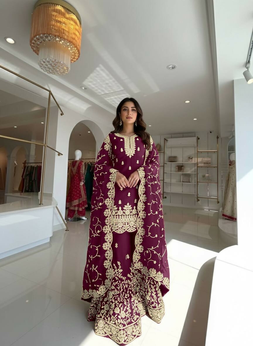 Teeya Creation Wine Pure Silk Gimmy Silk Heavy Embroidery Work Wedding Wear Palazzo Pair | Grocsy