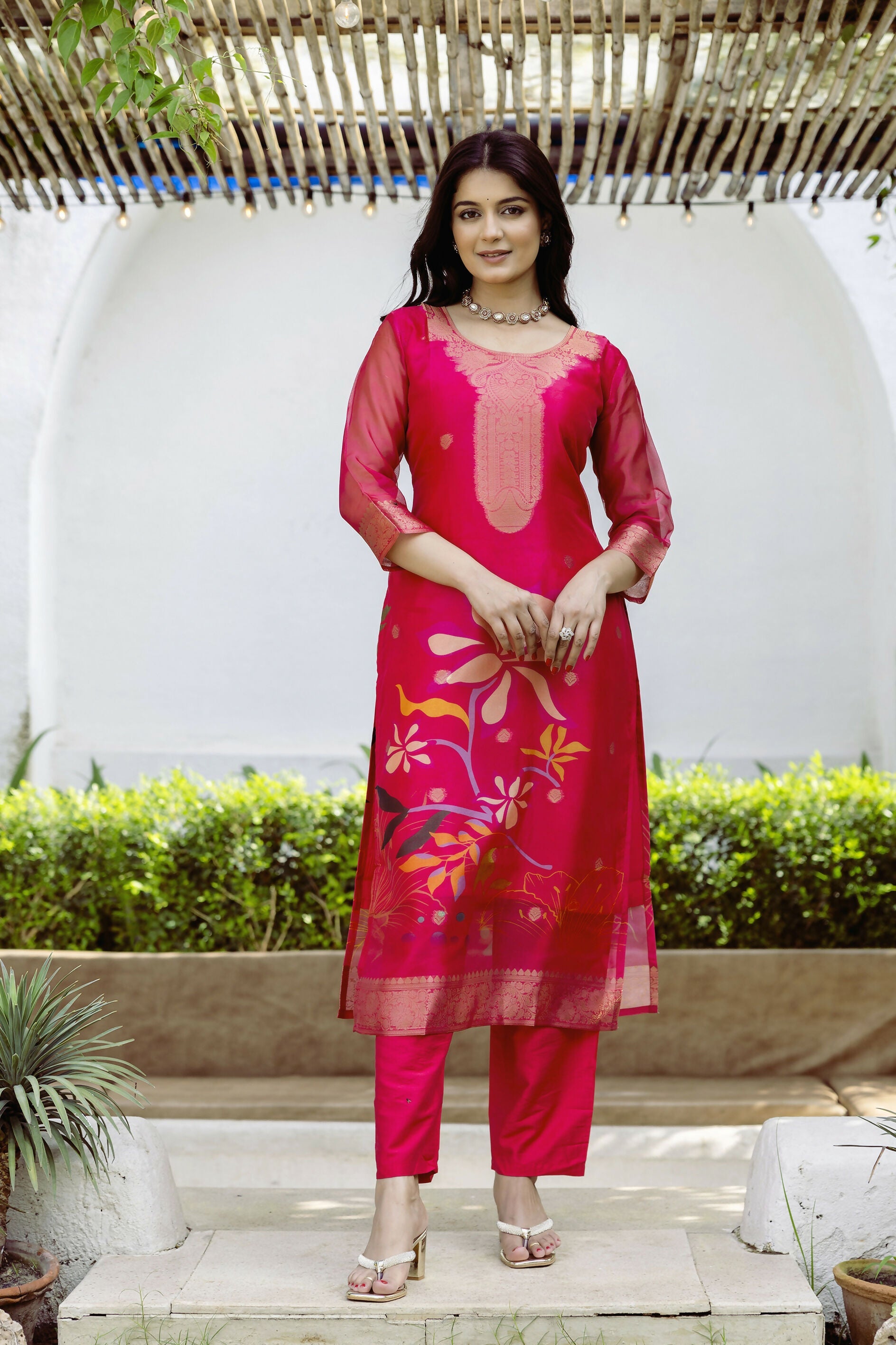 The52 Women's Beautiful Printed Work Jacquard Organza Fabric Straight Kurta Pant and Dupatta Set | Grocsy