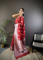 Joban Fashion Maroon Floral Motifs Soft Silk Banarasi Saree | Grocsy