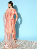 Ahalyaa Women's Peach Colour Poly Silk Printed Kurta Pant Set With Dupatta | Grocsy