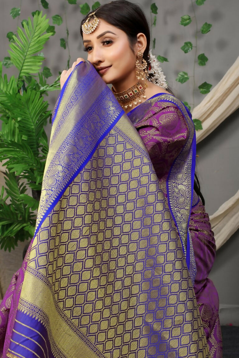 Jyoti Fashion Women's Purple Kanjivaram Silk Zari Woven Saree with Blouse | Grocsy