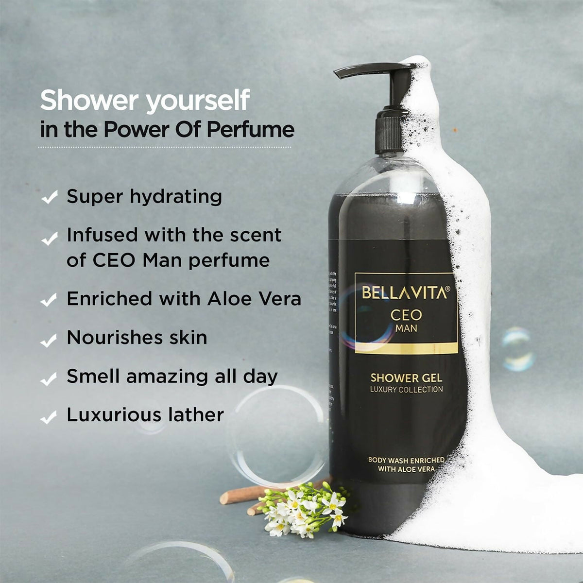 Bella Vita Luxury CEO MAN Shower Gel For Deep Cleansing, Hydrating & Moisturising Skin with Aloe Vera & Charcoal Powder | Grocsy