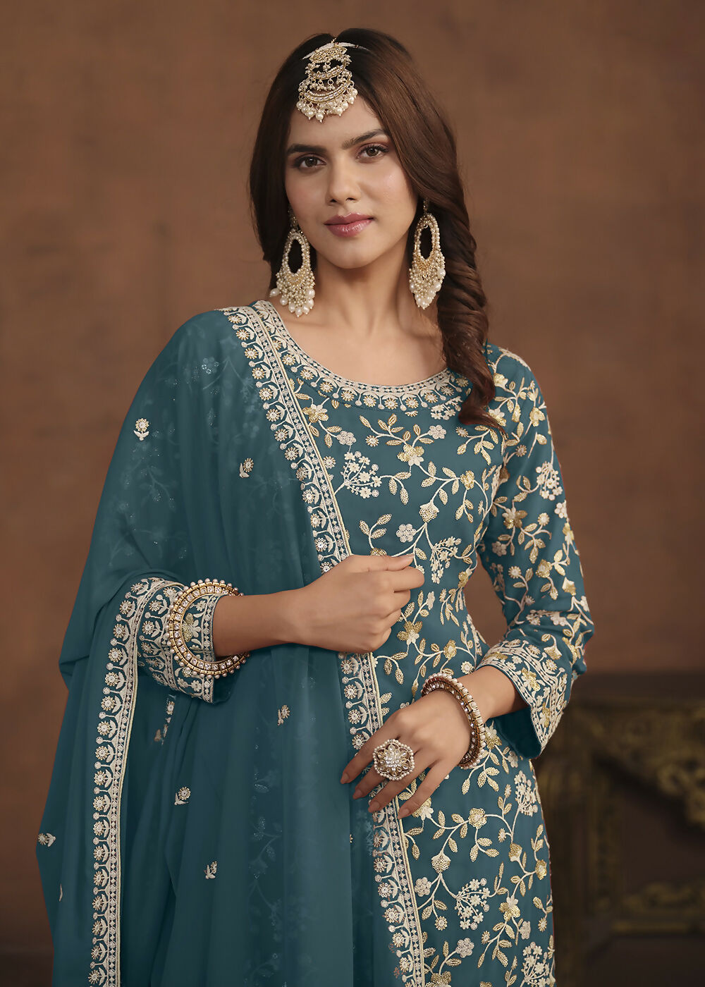 Faux Georgette Teal Blue Embroidered Festive Salwar Suit - Emponline | Grocsy