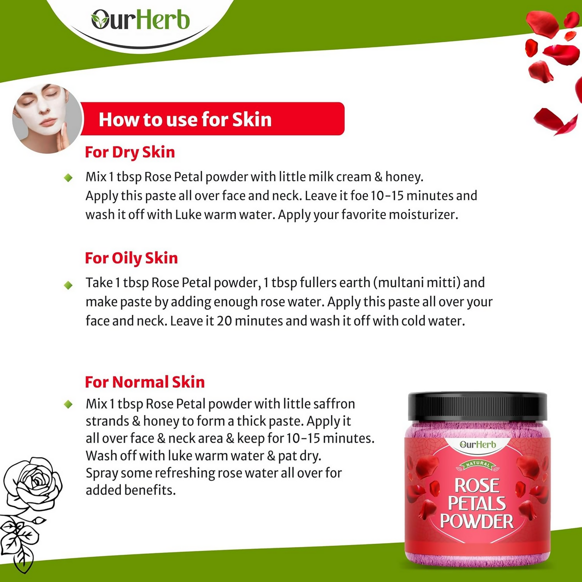 OurHerb Pure & Natural Rose Petal Powder for Skin & Hair With Vitamin Enriched | Grocsy