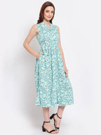 Myshka Women's Green Printed Rayon Sleeveless Collar Neck Casual Dress | Grocsy