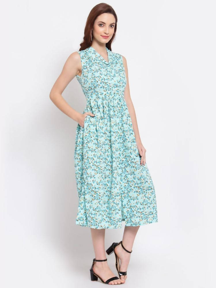 Myshka Women's Green Printed Rayon Sleeveless Collar Neck Casual Dress | Grocsy
