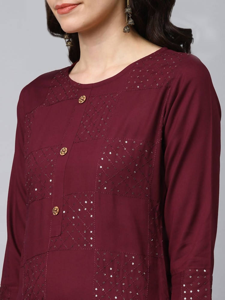 Yufta Women Maroon Self Design Kurta with Palazzo | Grocsy