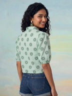 Janasya Sea Green Crop Cotton Top | Grocsy