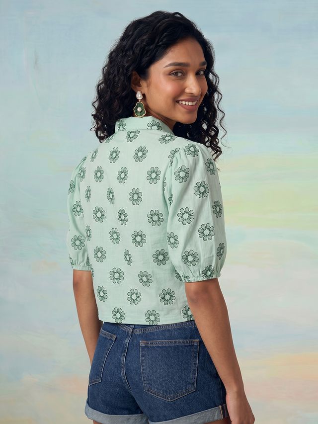 Janasya Sea Green Crop Cotton Top | Grocsy