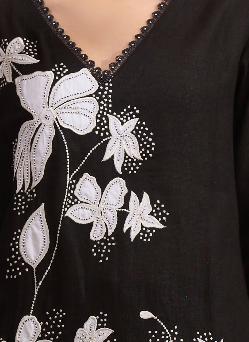 Joban Fashion Black Linen Embroidered Readymade Long Kurta With Pant | Grocsy