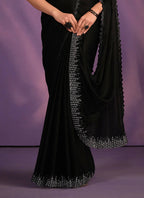 Black Crepe Satin Silk Embroidered Saree With Stitched Blouse - Mohmanthan Exotica | Grocsy