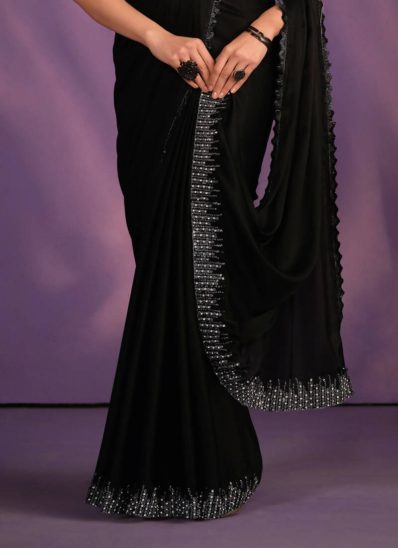 Black Crepe Satin Silk Embroidered Saree With Stitched Blouse - Mohmanthan Exotica | Grocsy