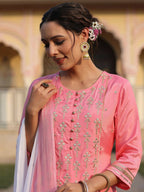 Juniper Women Pink Shantoon Embroidered Kurta, Palazzo and Dupatta Set | Grocsy