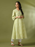 Myshka Women'sLime Green Printed Cotton Anarkali Party Kurta Set | Grocsy