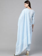 Yufta Women Blue & White Printed Kurta with Palazzo & Dupatta | Grocsy
