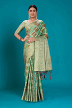 Sea Green Soft Organza Woven Design Saree with Unstitched Blouse Piece - Zaara | Grocsy