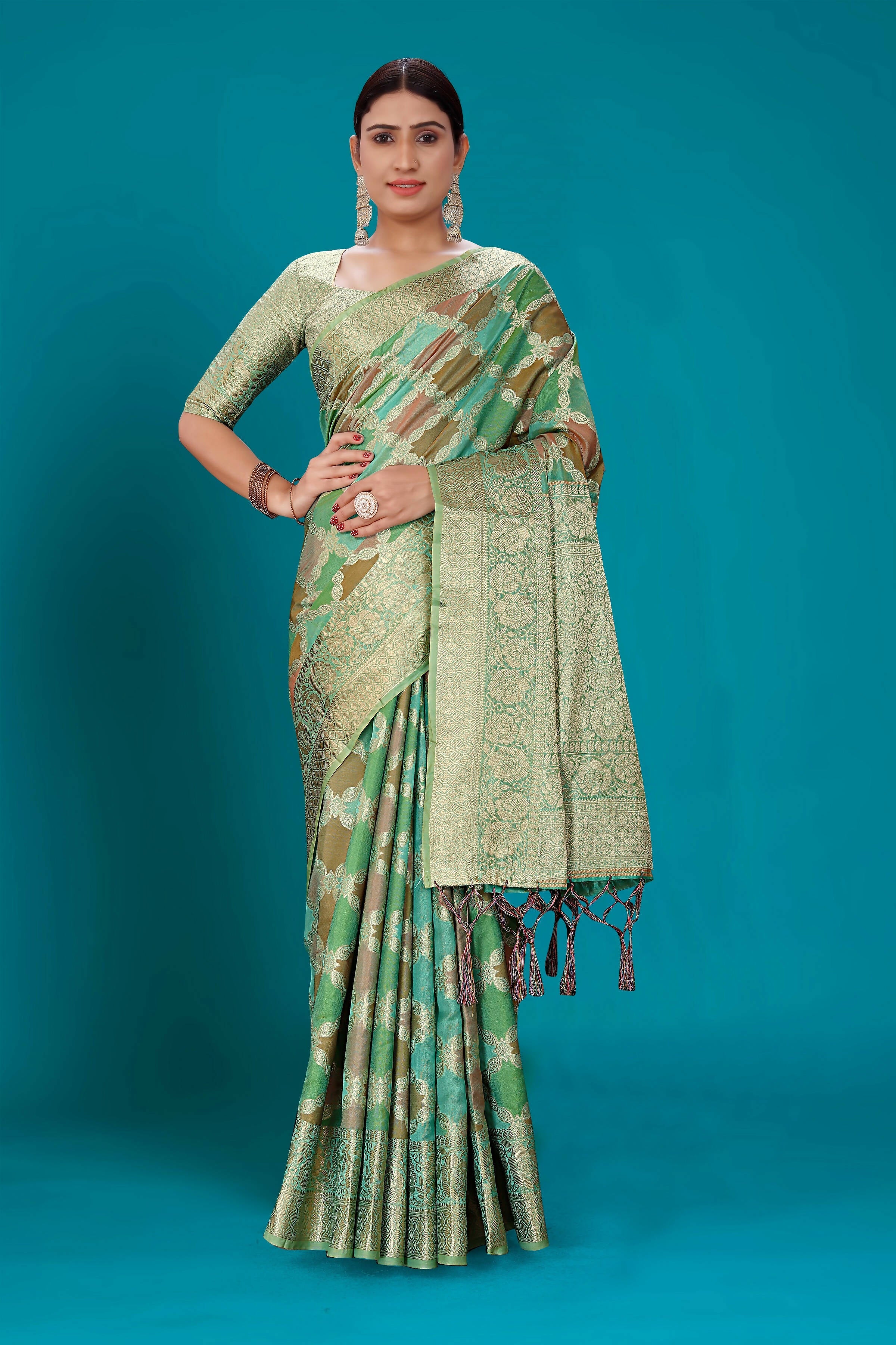 Sea Green Soft Organza Woven Design Saree with Unstitched Blouse Piece - Zaara | Grocsy