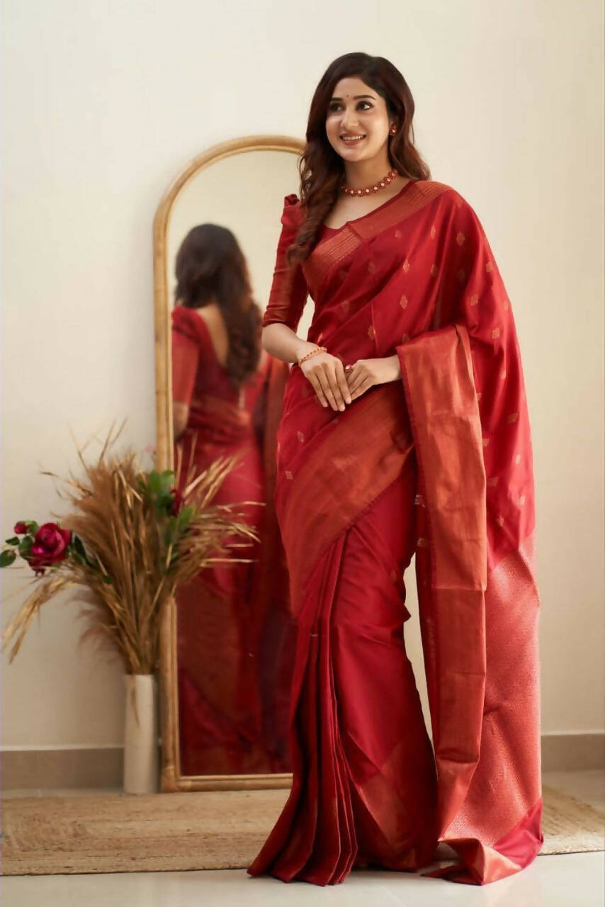 DEIANA'S Beautiful Designer Golden zari Soft Lichi Silk Saree - Red | Grocsy
