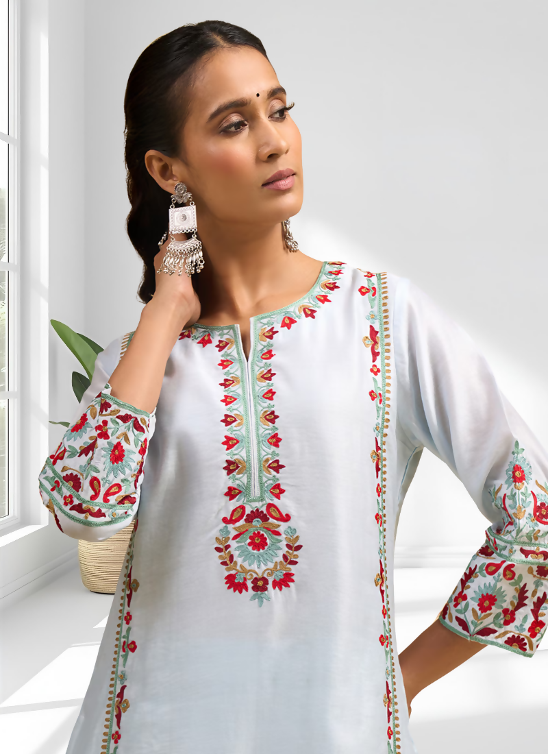 Joban Fashion Sky Blue Silk Embroidered Readymade Long Kurta With Pant | Grocsy