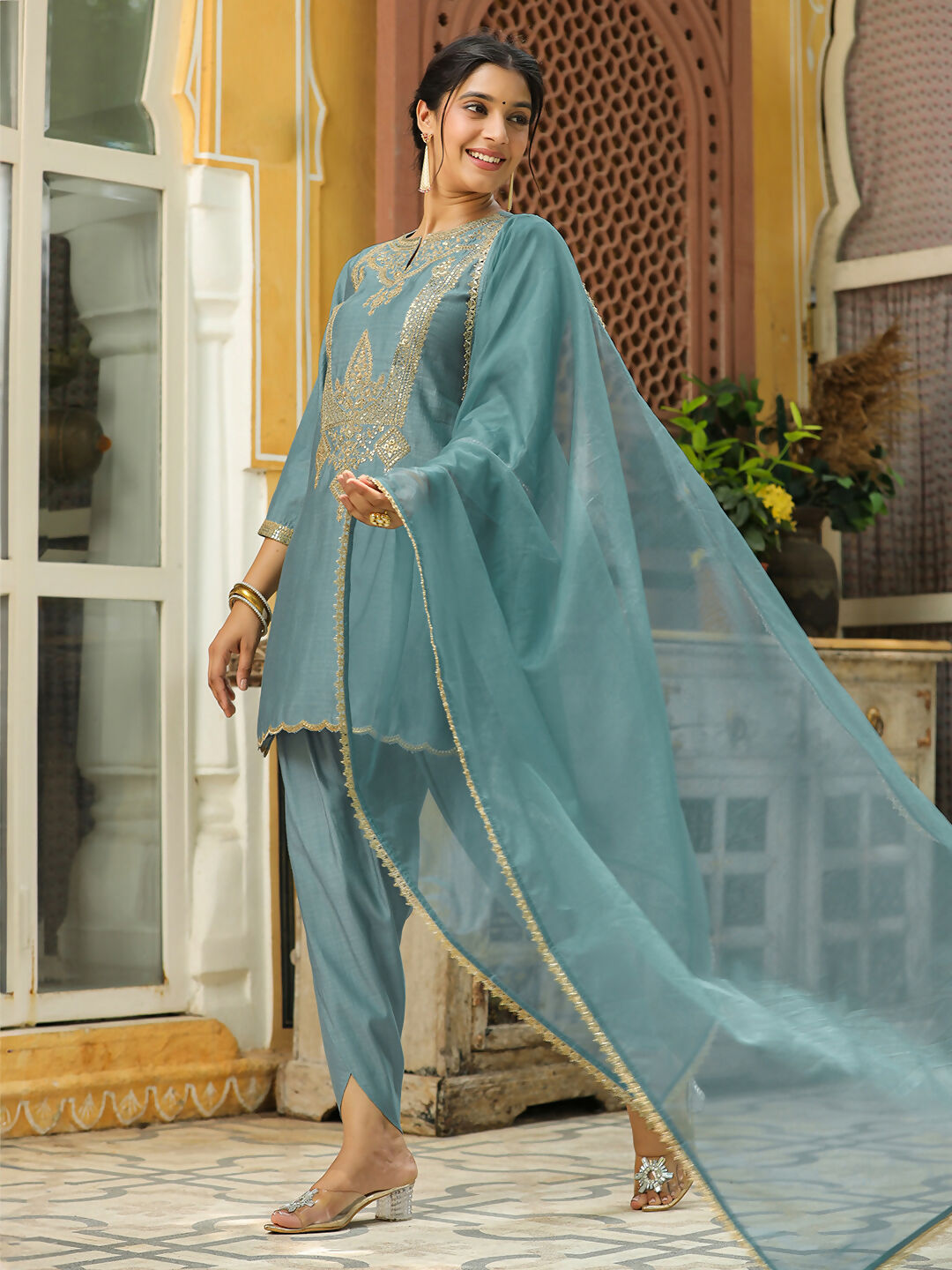 Janasya Light Blue Silk Blend Solid Kurta,Bottom & Dupatta | Grocsy