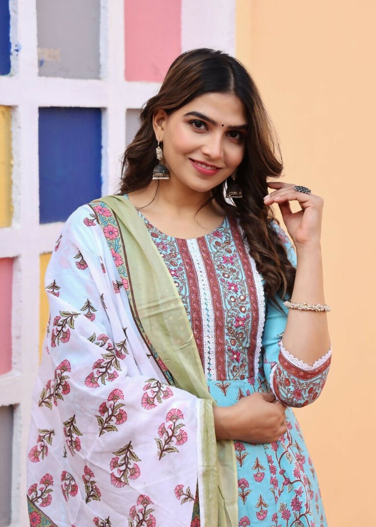 Alvano Printed Anarkali Kurti with Pant and Dupatta Set for Women's and Girls Rayon | Grocsy