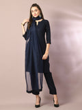 Myshka Women's Navy Blue Embroidered Cotton Straight Party Kurta Set With Dupatta | Grocsy