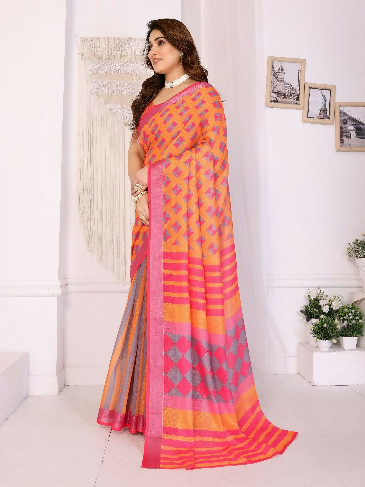 PR Fashion Orange Handloom Linen Cotton Zari Saree | Grocsy