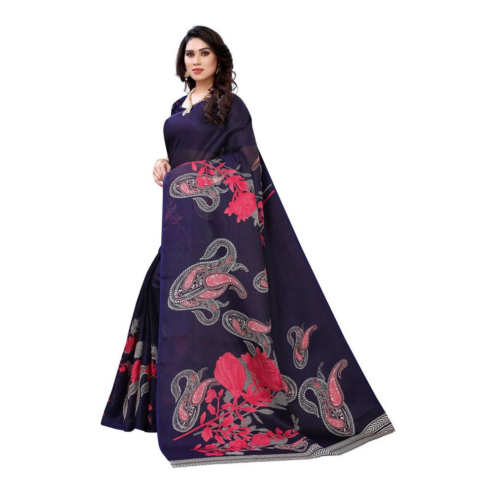 Vamika Printed Jute Silk Blue Saree (Leo Navy) | Grocsy