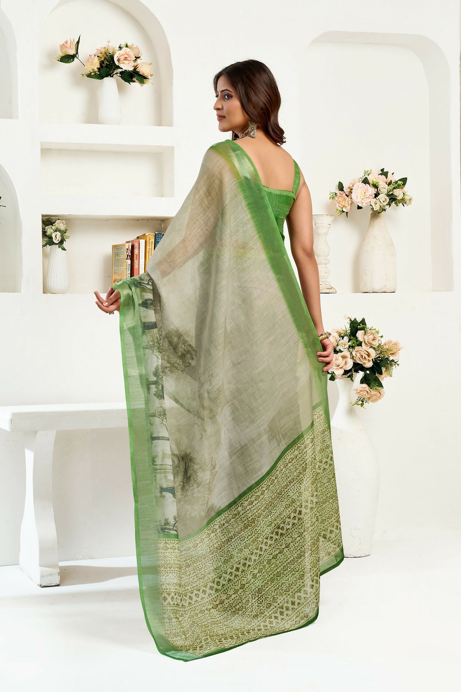 Joban Fashion Green Floral & Ethnic Motifs Linen Ready To Wear Saree With Unstitched Blouse | Grocsy