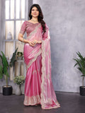 Vastranavya Baby Pink Embroidery Work Shimmer Chiffon Saree with Unstitched Blouse | Grocsy