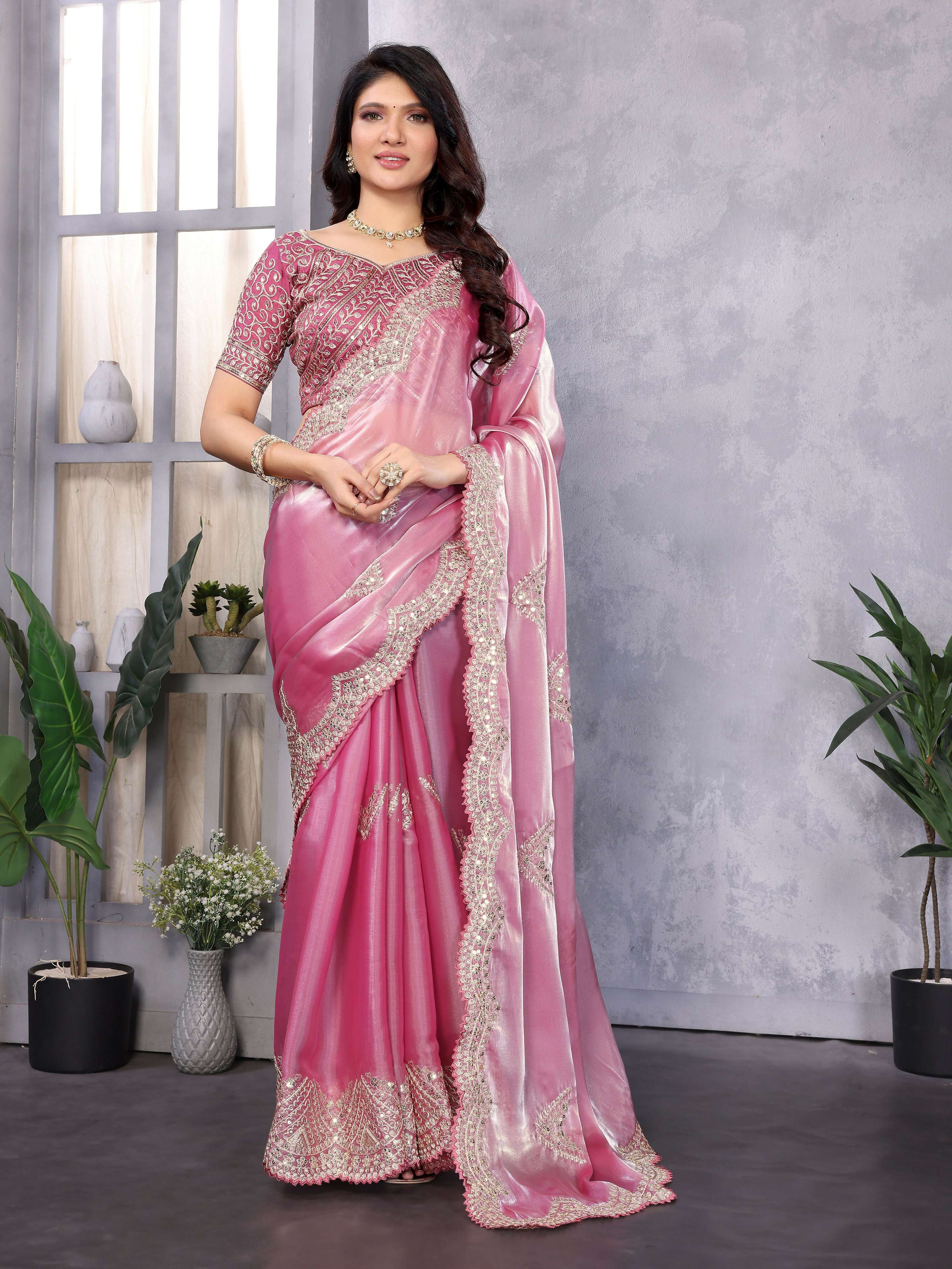 Vastranavya Baby Pink Embroidery Work Shimmer Chiffon Saree with Unstitched Blouse | Grocsy