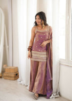 Teeya Creation Mauve Pink Embroidered Frendy Silk Sharara Suit Set | Grocsy