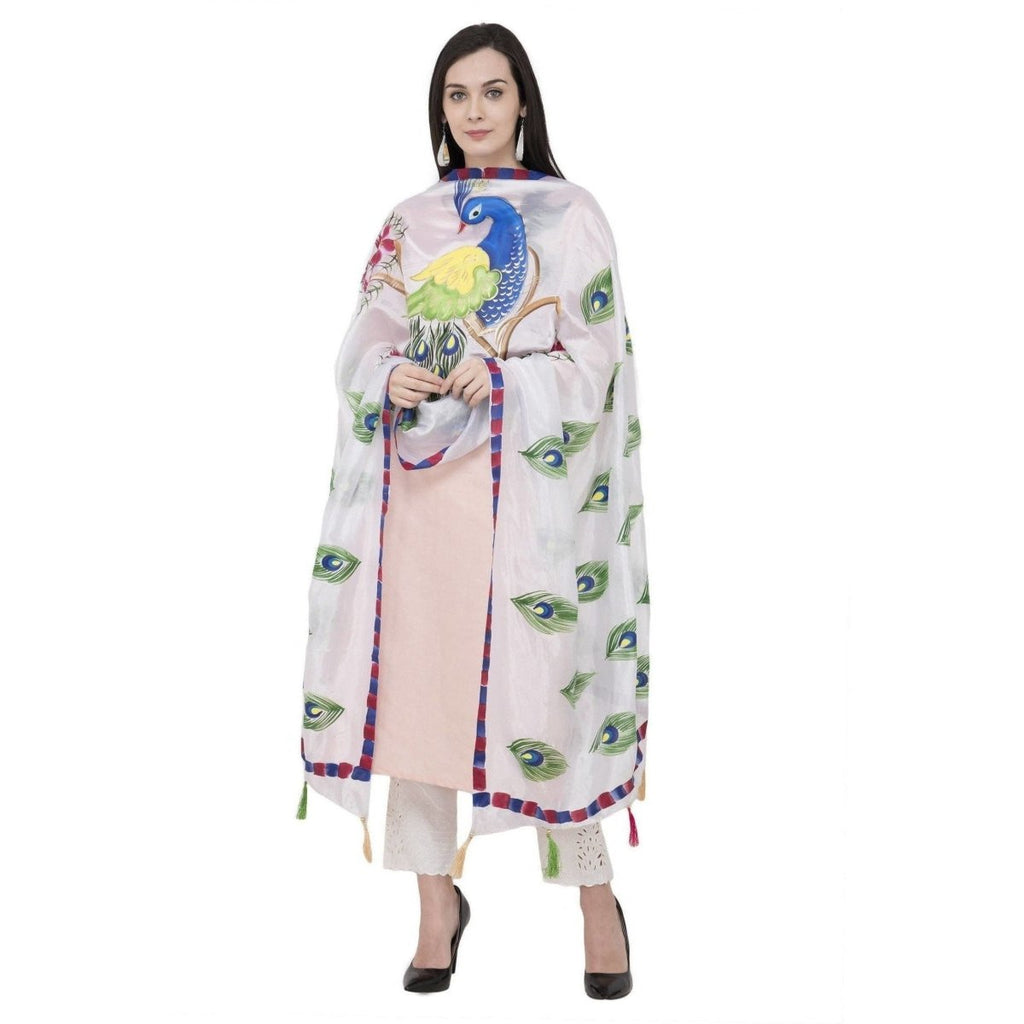 A R Silk Silk Peacock Multi Fancy Dupatta Color White Dupatta or Chunni | Grocsy