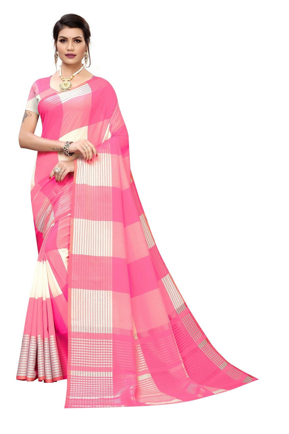 Vamika Pink Cotton Silk Weaving Saree (Gamma Checks Pink) | Grocsy